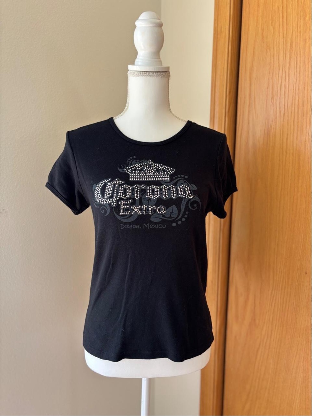 Corona Black Women’s Rhinestone Logo Short Sleeve baby Tee